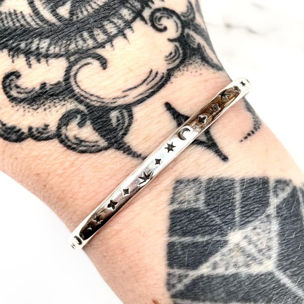 Celestial Cuff Bracelet Sterling Silver Stars And Moons 4mm Wide