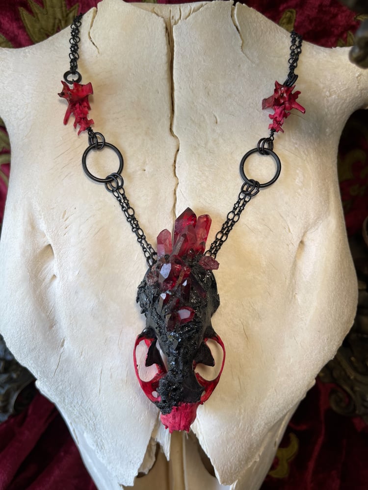 Image of Red Quartz & Black Tourmaline Mink Skull - Chain Necklace
