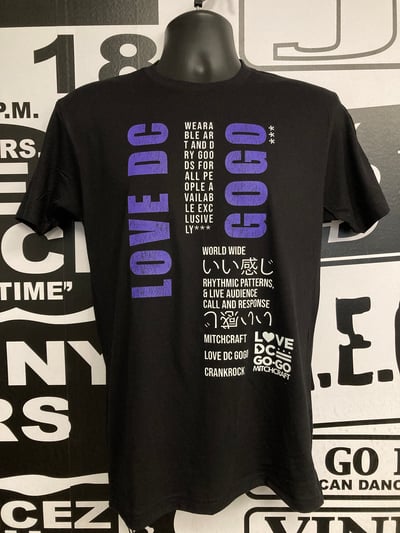 Image of LOVE DC GOGO "Wearable Art and Dry Goods"  Black/purple T-shirt