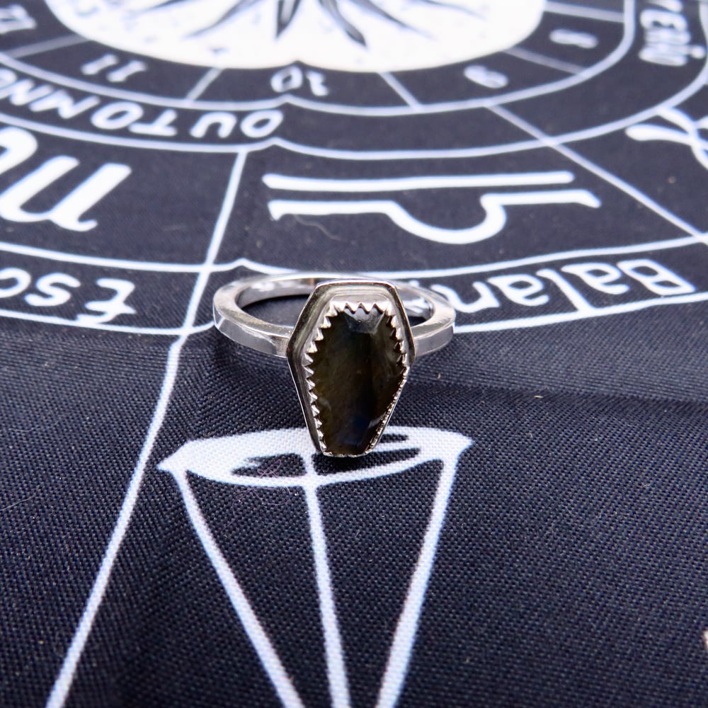 Eternal Rest Labradorite Coffin Ring Sterling Silver - SIZE N / US 6.5