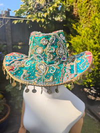 Image 1 of Dolly cowboy hat - recycled sari fabric green pop of pink