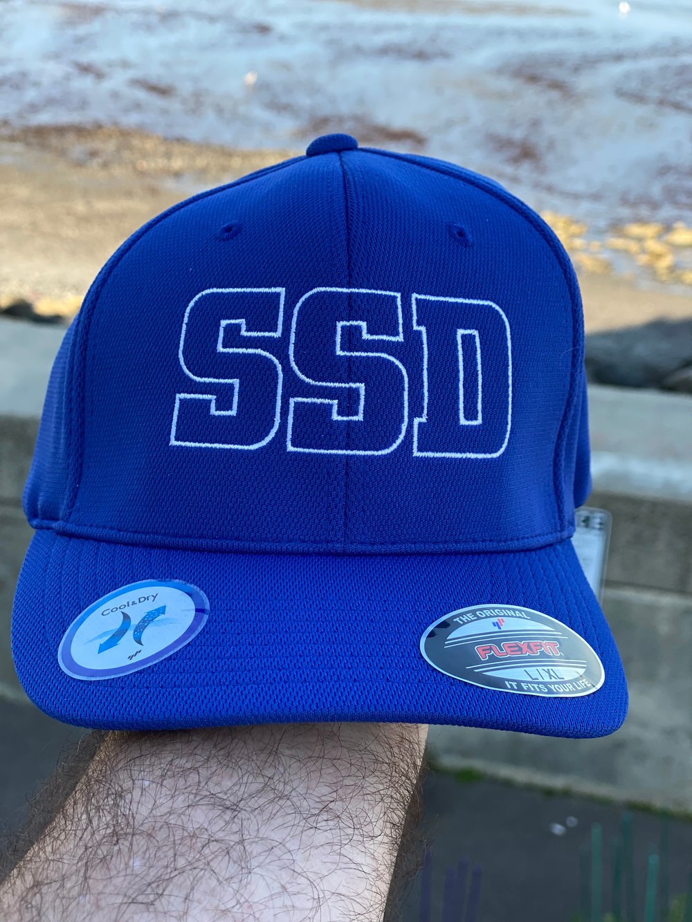 Blue Fitted Flexfit Hat with White SSD Outline Logo