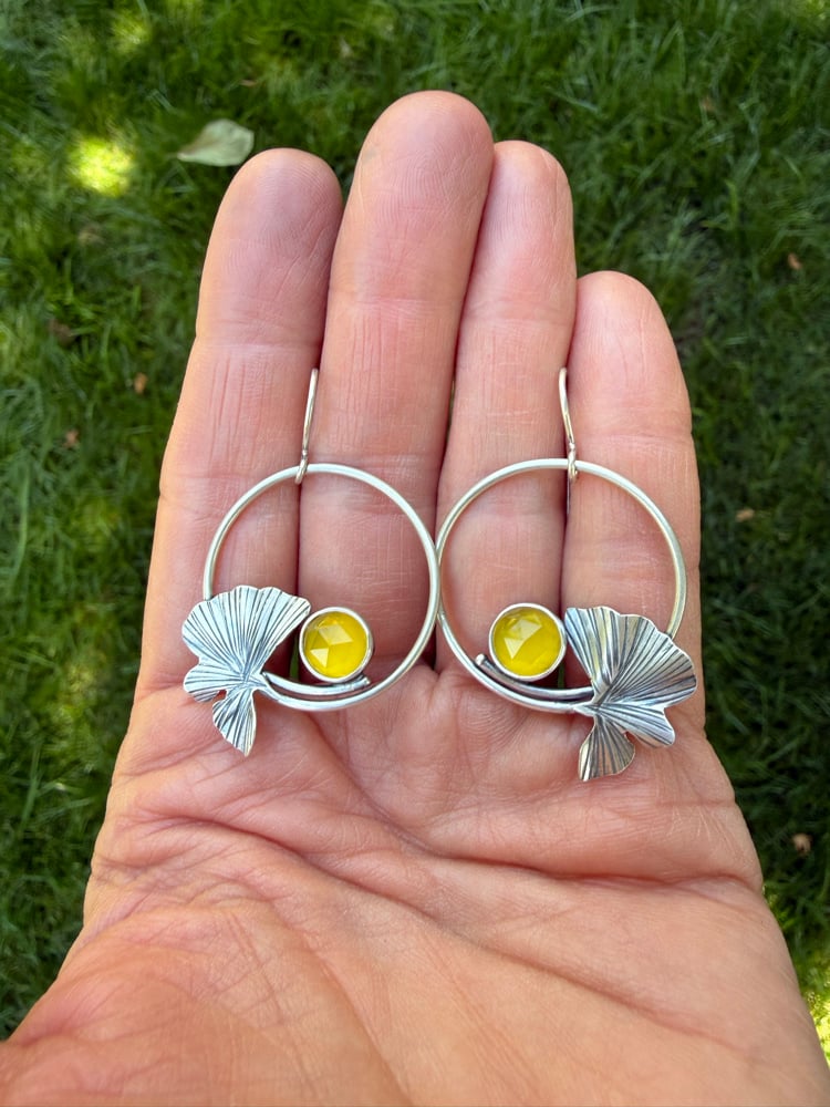 Image of Ginkgo Hoop Earrings with Canary Yellow Chalcedony