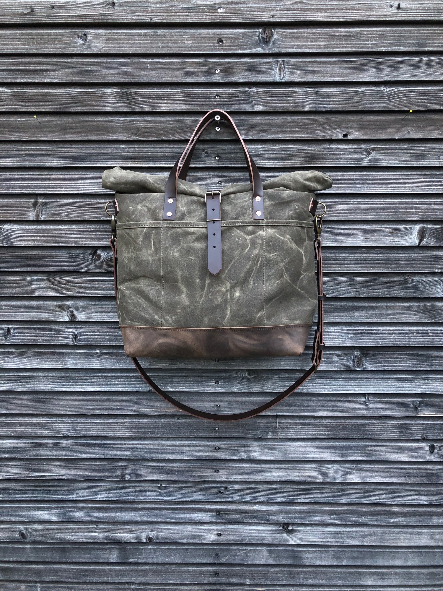 Image of Waxed canvas roll top tote bag / office bag with luggage handle attachment leather handles and shoul