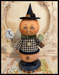 Image 1 of Folk art Witch Pumpkin Halloween character with ghost