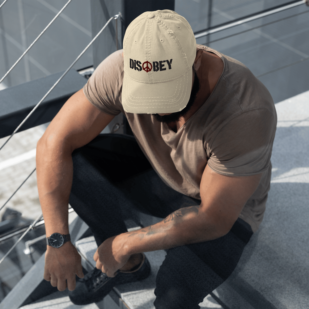EMBROIDERED DISOBEY DISTRESSED HAT
