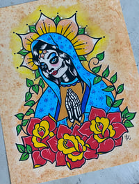 Image 1 of Day of the Dead Praying Virgin Mary with Flowers Tattoo Art Print