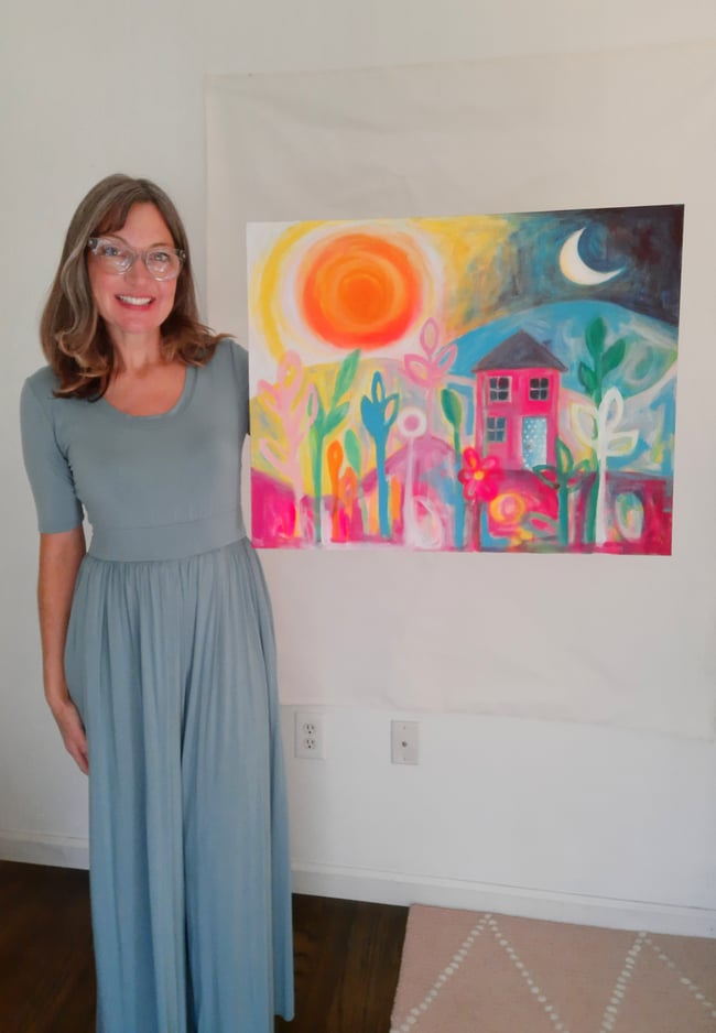 Hazy summer day & a crescent moon. Original canvas painting