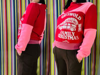 Image 8 of griswold xmas red pink courtneycourtney adult L large longsleeve patchwork funnel neck sweatshirt