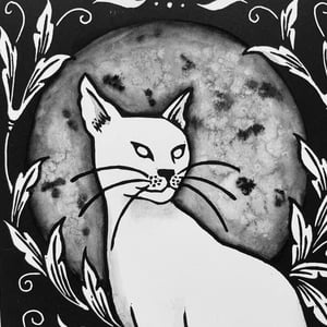 Cat Moon Filigree Skulls Linocut Print
