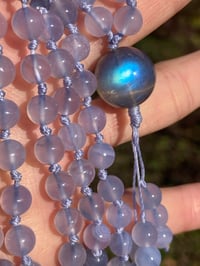 Image 1 of Blue Chalcedony Mala with Labradorite Guru Bead, Blue Chalcedony 108 Bead Japa Mala Hand Knotted