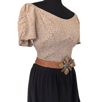 Image 3 of Cropped Flutter Sleeve Smocked Tan Polka Dot Top - Size L