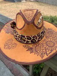 Image 1 of "Leopard Heart Prints and Sunflower" Hand-burned Wide Brim Hat