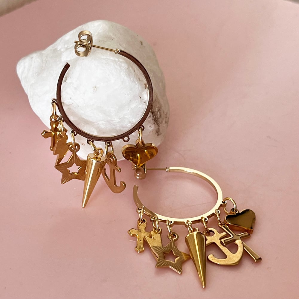 Image of One of a Kind Earrings - Multi charm Half Hoops