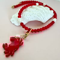 Image 2 of Red glass bead and pearl necklace with carabiner and crab 