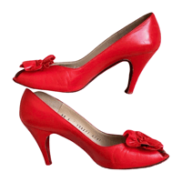 Image 2 of 1980s Red Bruno Magli Leather Peep Toe Heels- Flower Accent