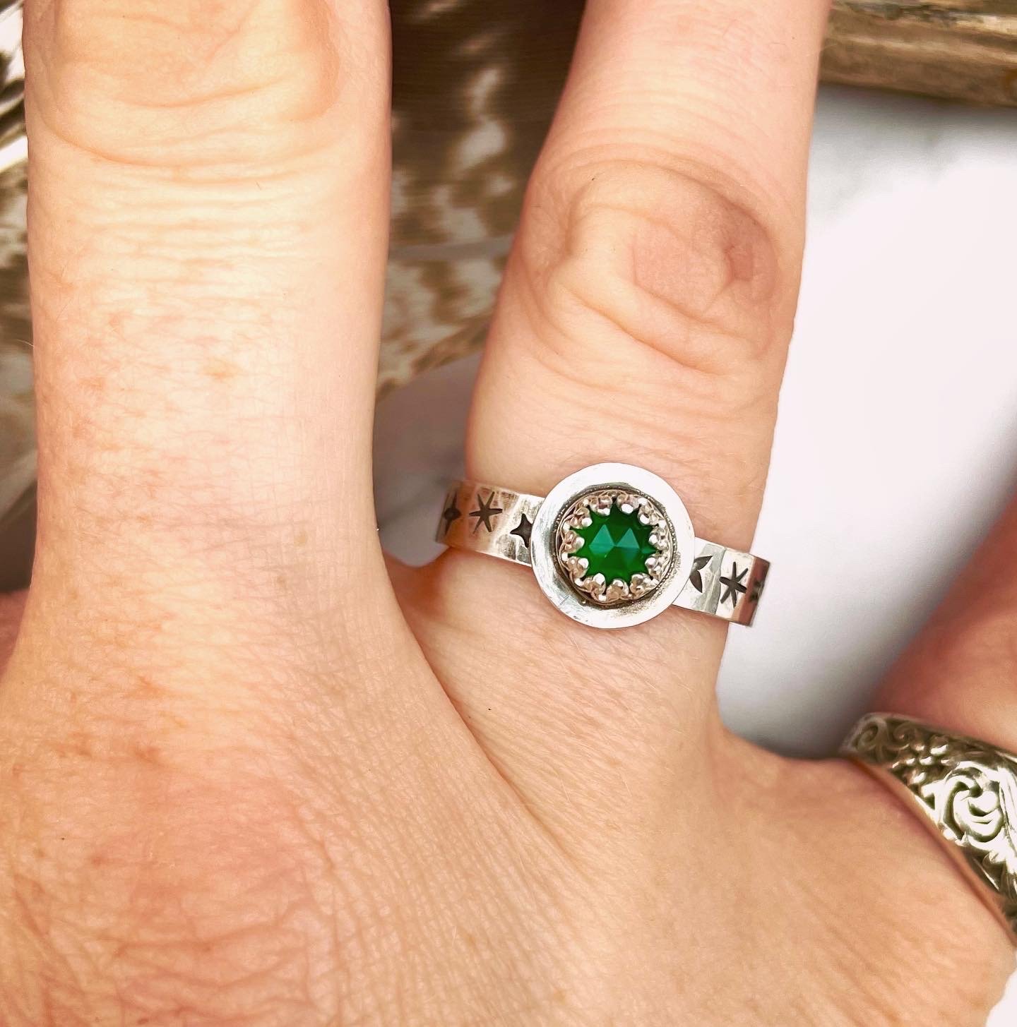 Image of Handmade Sterling Silver Celestial Green Onyx Star Ring 925