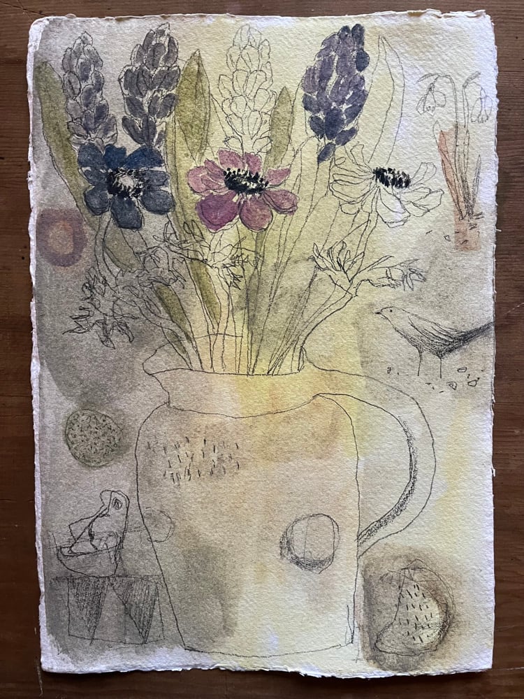 Image of Studio flowers and little bird. 