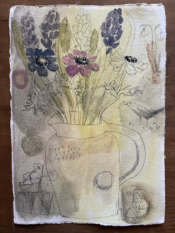 Image of Studio flowers and little bird. 