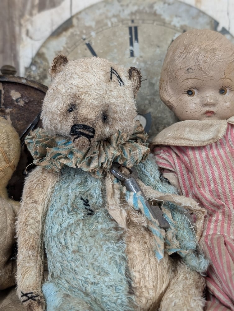 Image of  7" -Vintage Old Primitive CReAM & BluE Teddy Bear   by Whendi's Bears