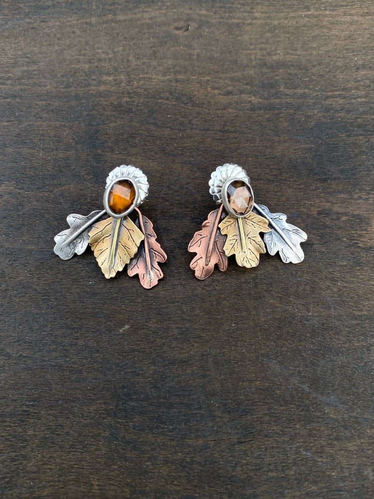 Image of Mixed Leaf Mixed Metal Mismatch Color Zircon Jacket Earrings