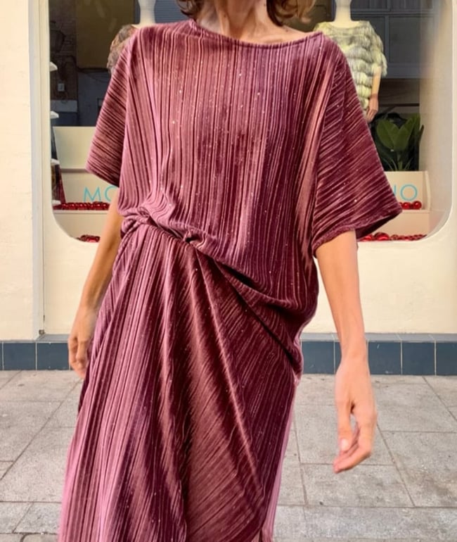 DARK PINK PLEATED VELVET KAFTAN