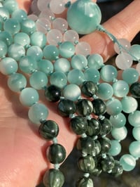 Image 4 of Green Pectolite Seraphintie Girasol Quartz Mala, Green Pectolite 108 Bead Hand Knotted Gemstone Mala