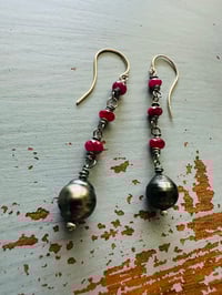 Image 6 of ruby and Tahitian pearl dangle earrings by peacesofindigo