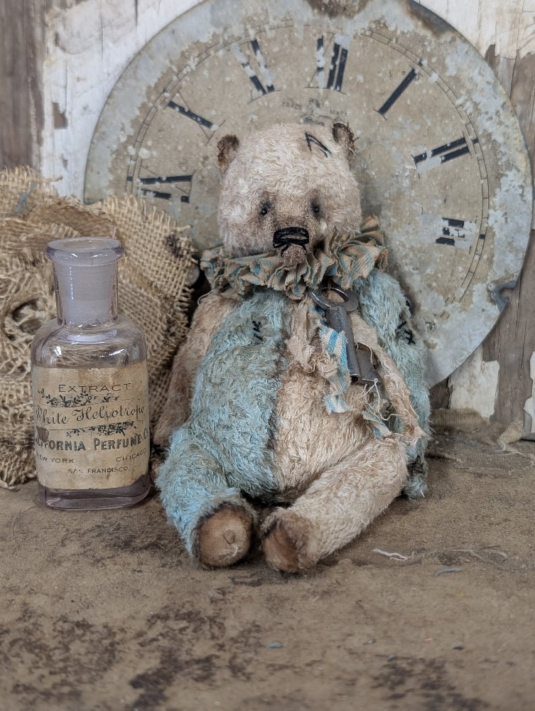 Image of  7" -Vintage Old Primitive CReAM & BluE Teddy Bear   by Whendi's Bears