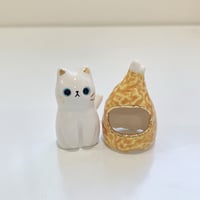 Image 4 of White cat with chicken drumstick ceramic figurine