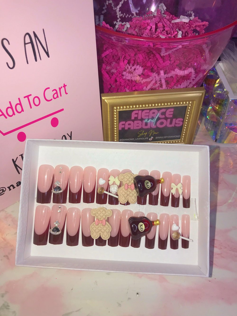 Image of Brown French Kawaii Long Square Nail Set 