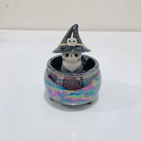 Image 1 of Glow in dark gray tabby cat in witch brew cauldron ceramic keepsake (rainbow effect)