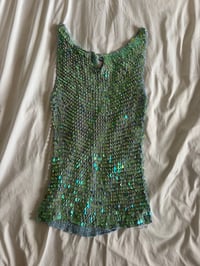 Image 2 of Vintage Y2K turquoise boat neck iridescent sequin crochet cami 