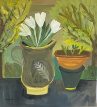 Tulips and seedlings by a window - gouache painting 