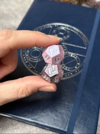 Image 6 of Pastel Pink Shimmer Hope and Fear Dice | Handmade Pair of D12 Dice