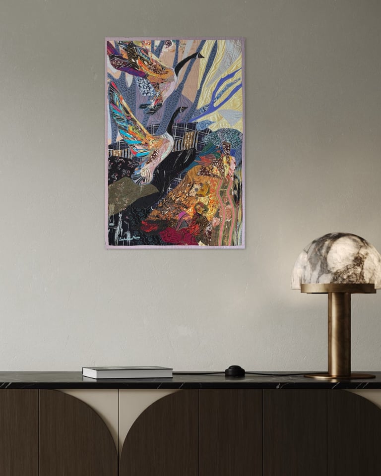 "Let's fly on" - 73x48 cm, art quilt with birds