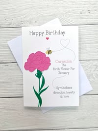 Image 1 of Handmade January Pink Carnation Birth Flower Card - Elegant Birthday Card for January Birthdays