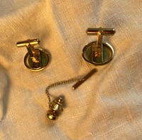 Image 2 of 1060's Destino Cuff Links and Tie Tack set, Gold & Green Stone