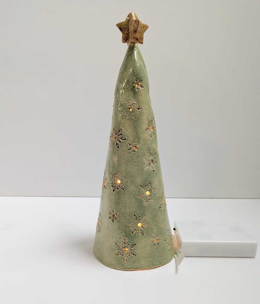 Image of Light Green Ceramic Lighted Christmas Tree Embossed With Snowflakes