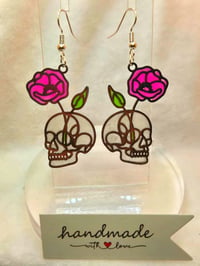 Image 3 of Handcrafted Resin Glow In The Dark Skull and Rose Earrings 