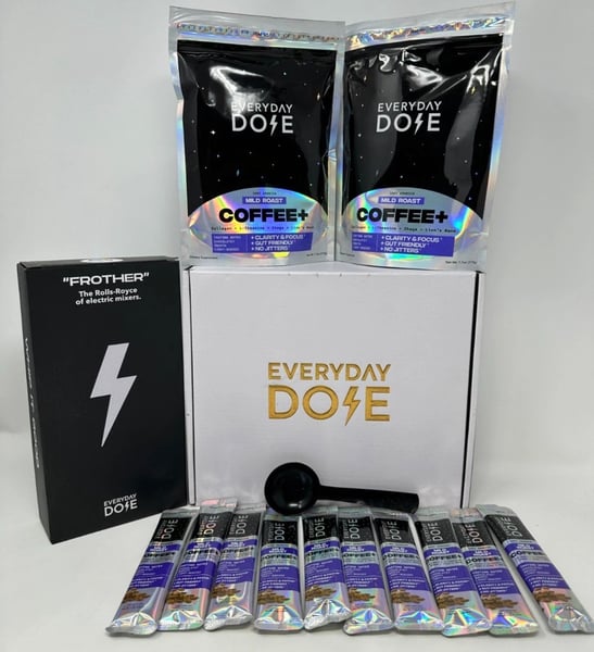 Image of Everyday Dose Bold Medium Roast Mushroom Coffee 7.7oz x 2 Plus 10 Sticks Frother