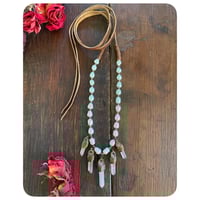 Image 3 of The Ariella Necklace - Freshwater Pearls Clear Quartz and Chestnut Brown Leather