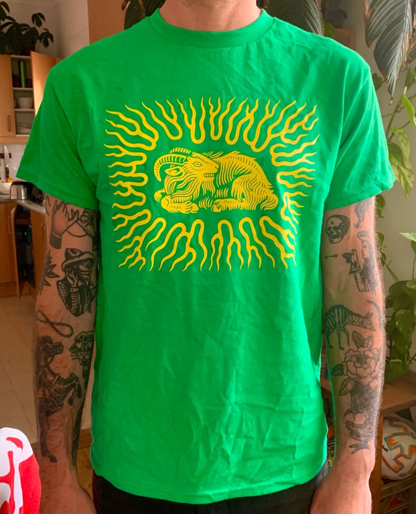 Image of Flaming Goat Yellow on Green