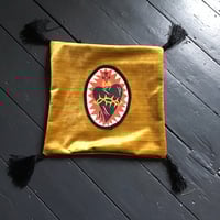 Image 2 of  Black sacred heart cushion cover  in gold cotton velvet fabric and black tassels