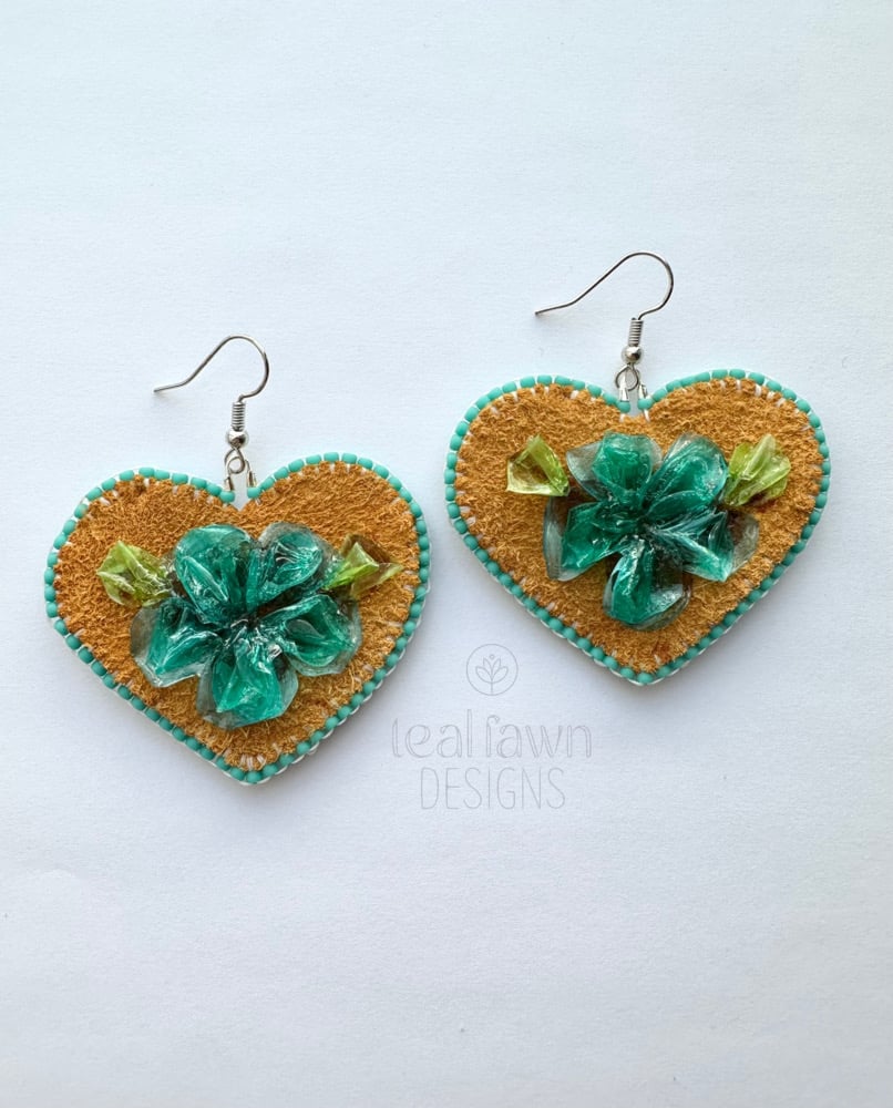 Image of Heart Shaped Teal Fish Scale Earrings