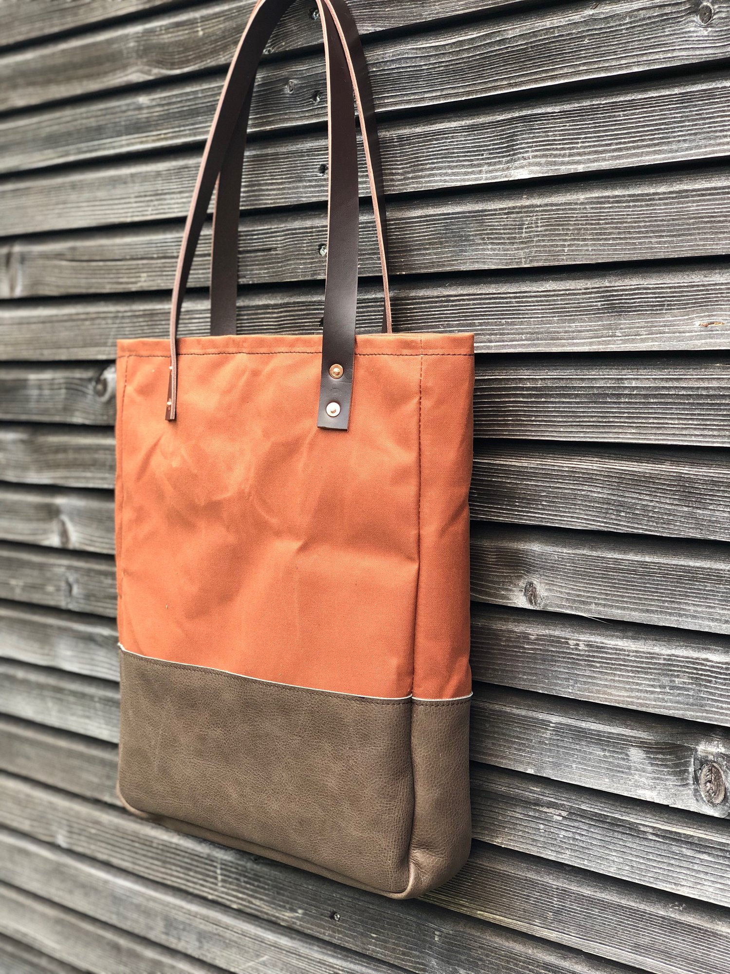Image of Dry waxed canvas tote bag with leather base and inside zipper pocket