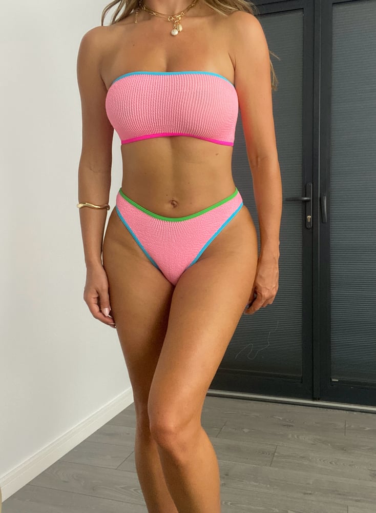 Image of Rainbow Trim Bandeau Bikini In Bubblegum Pink 