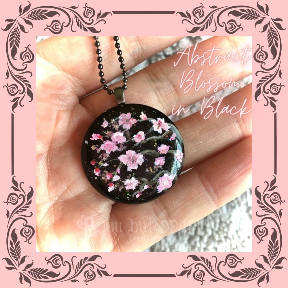 Cherry Blossom on Black Abstract Resin Pendant