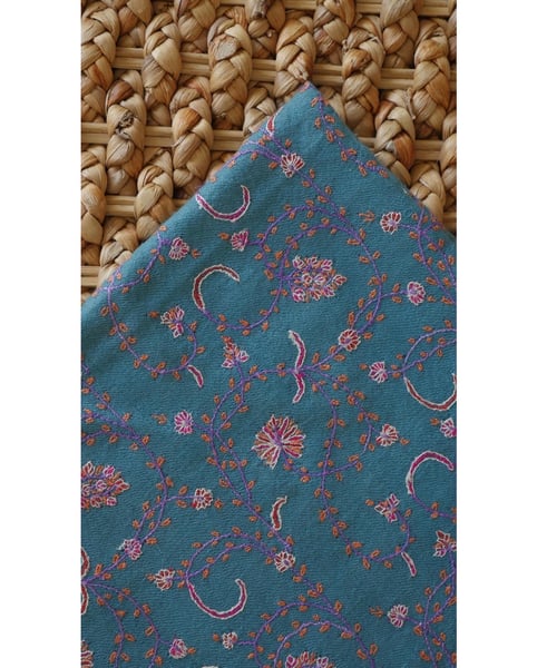 Image of Cerulean Pashmina handwoven . Hand embroidered detail , cashmere stole , handmade in Kashmir 