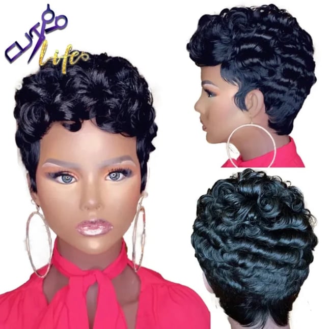 The Cut Life Human Short Curly Bob Pixie Wig